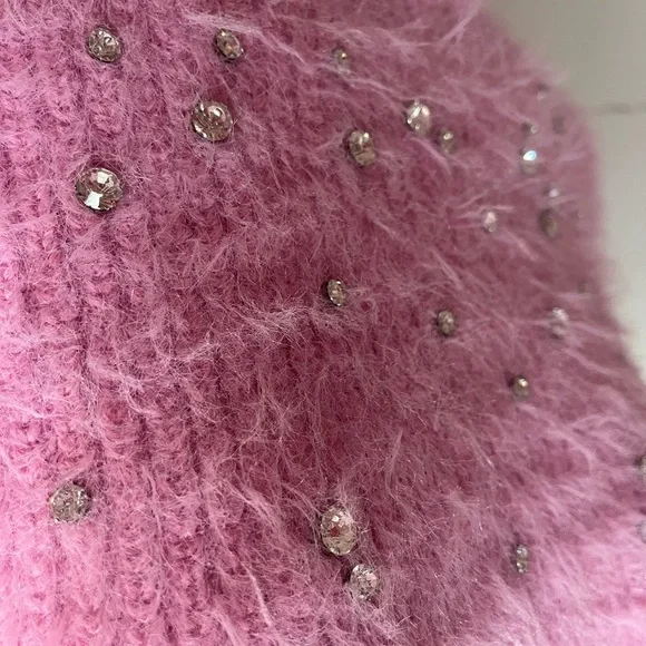 NWT Zara Pink Fuzzy Embellished Crop Top With Scattered Jewels - Picture 3 of 6